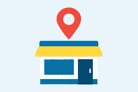 店舗の上に地図のピンが立っているイラスト