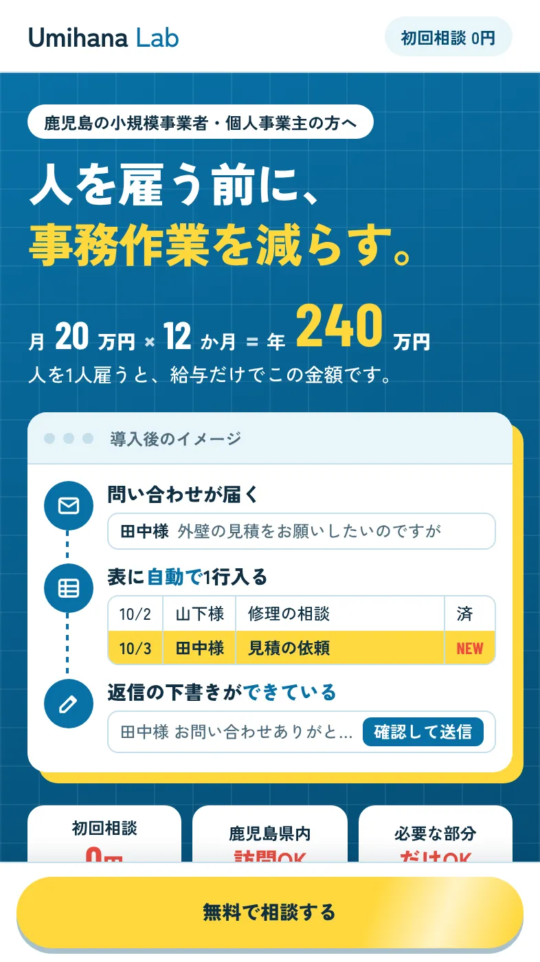 Umihana Lab のトップページのスマートフォン表示